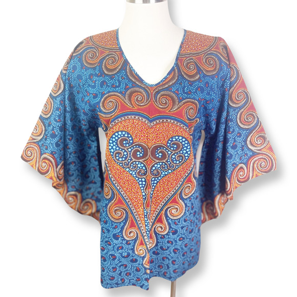 Paranda Talk Of The Town Vintage Batik Batwing Bohemian Ethnic Print V Neck Top - Picture 2 of 8